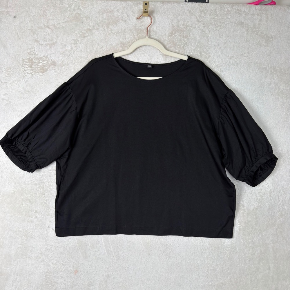 Uniqlo Womens Black Puff Sleeve Boxy Cotton T-Shirt XL Crew Neck Top Minimalist